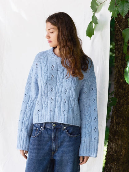 Junia Sweater | romantic cable-knit pattern made with Peer Gynt and Tynn Silk Mohair by Sandnes Garn