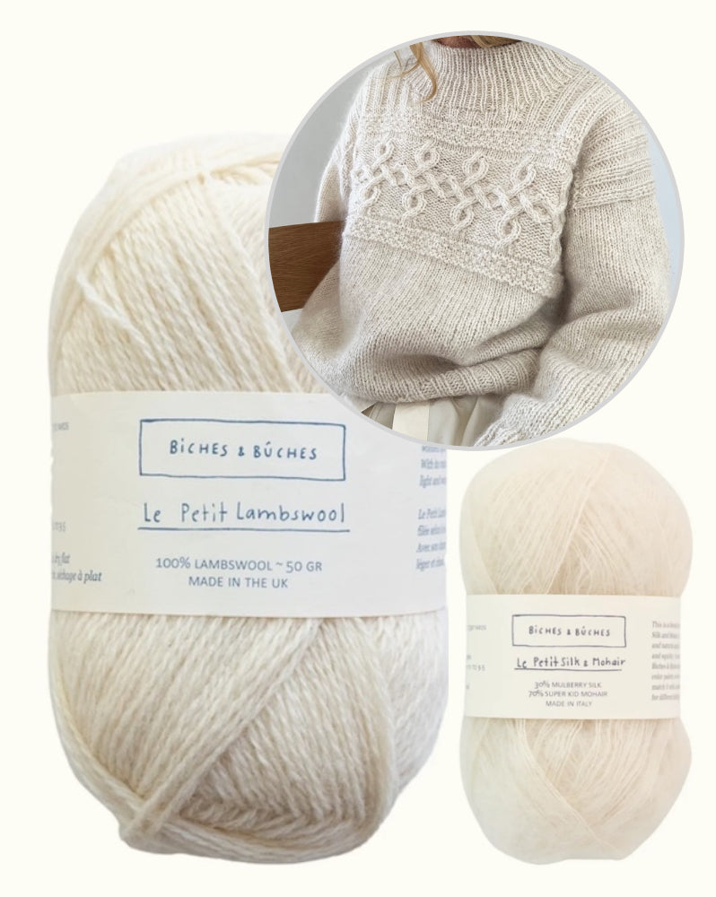 Edith Sweater | avslappnat, tidlöst flätmönster i Le Petit Lambswool och Le Petit Silk & Mohair från Biches & Bûches