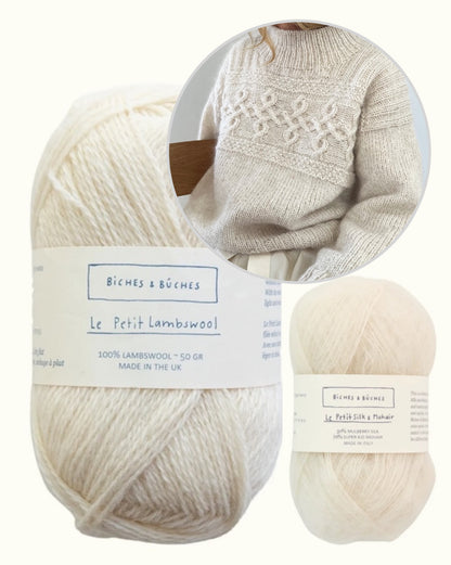 Edith Sweater | avslappnat, tidlöst flätmönster i Le Petit Lambswool och Le Petit Silk & Mohair från Biches & Bûches