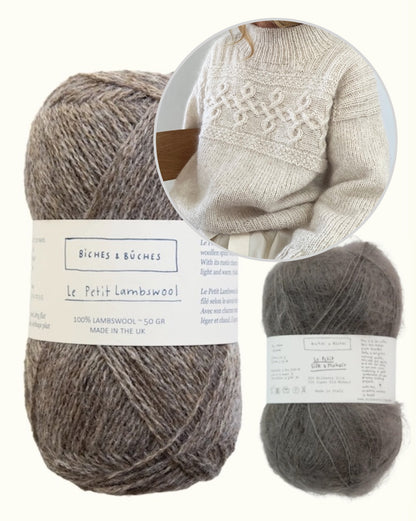 Edith Sweater | avslappnat, tidlöst flätmönster i Le Petit Lambswool och Le Petit Silk & Mohair från Biches & Bûches