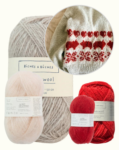 Jouluporsas-neulepusero | rento joulupusero, joka on neulottu Biches & Bûchesin Le Lambswool- ja Le Petit Silk & Mohair -langoista