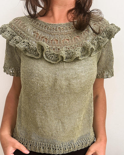 Linette Tee | delicate shirt with ruffles made from Crealino by Lang Yarns