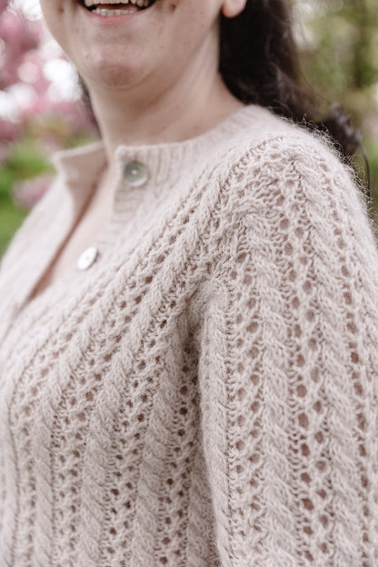 Cathy Cardigan | Charming lace pattern made from Merino and Soft Silk Mohair by Knitting for Olive