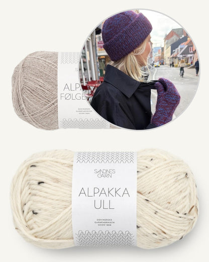 Yoko Set | vacker mössa med matchande tumvantar i alpackaull och alpackaföljetråd från Sandnes Garn